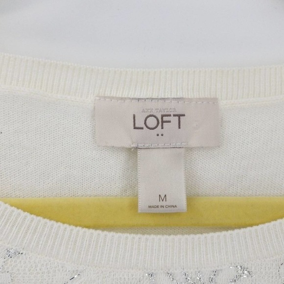 Loft Metallic Floral Print Lace Overlay Round Neck Pullover Knit Sweater Size M - Picture 4 of 5